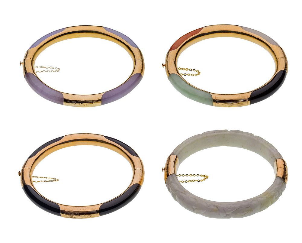 Lot 204: 14k Yellow Gold and Hard Stone Hinged Bangle Bracelet Assortment