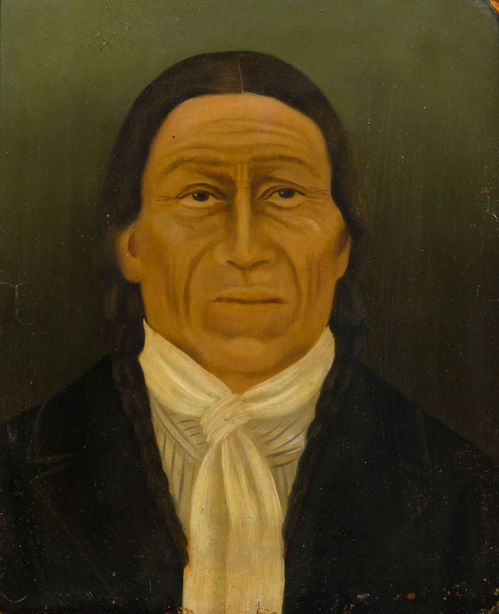 Lot 190: Unknown Artist (American, 19th Century) 'Dakota Chief Charging Shield' Oil on Board