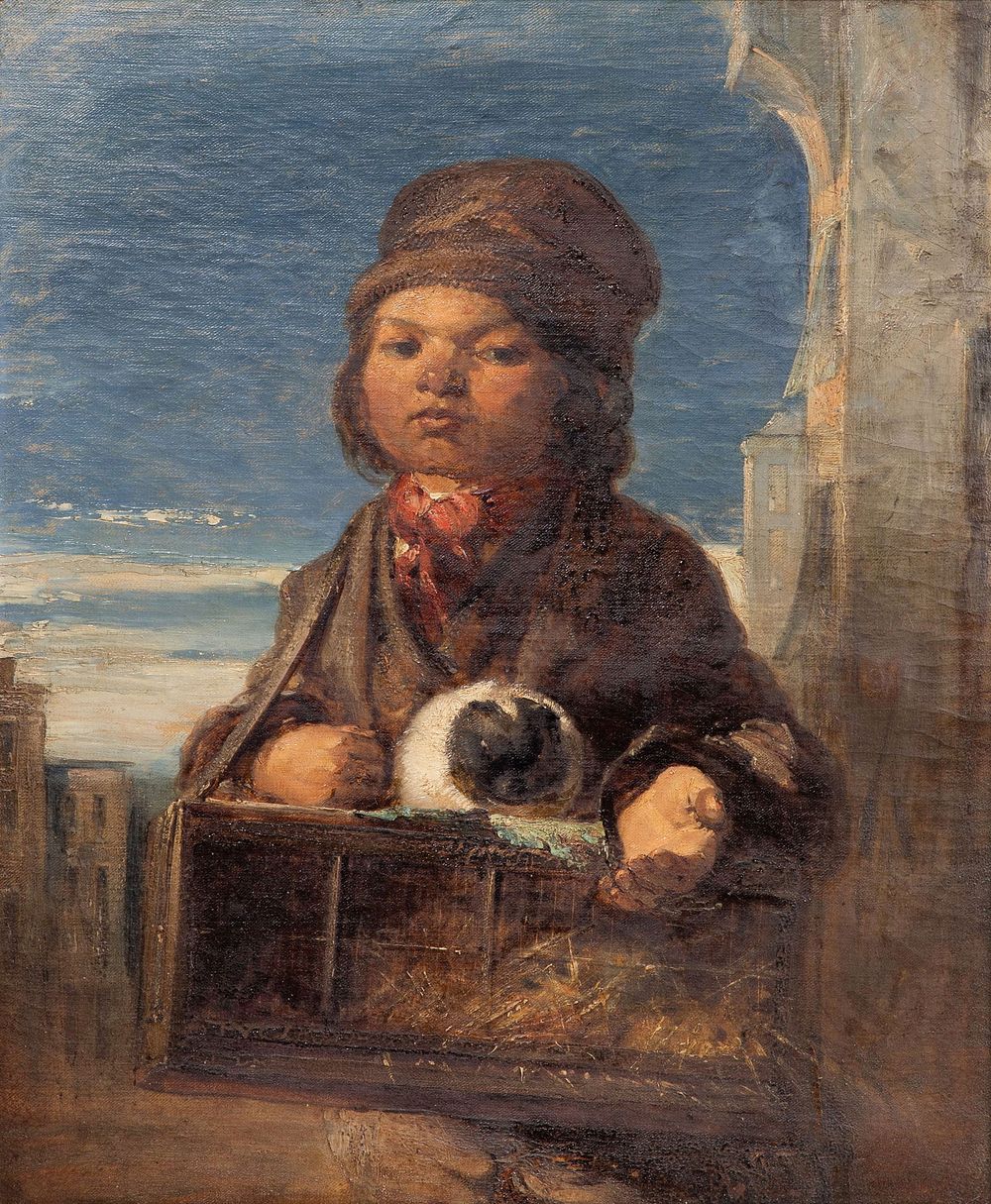 Lot 192: W. Underhill (English, 19th Century) 'Guinea Pig Boy' Oil on Canvas