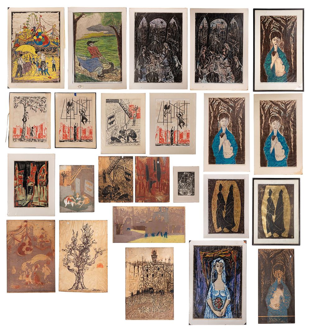 Lot 218: Frank Rappaport (Austrian / American, 1912-1989) Woodblock Printing Plate and Print Collection