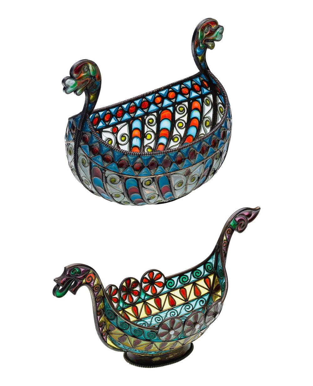 Lot 309: Norwegian Silver and Plique-a-Jour Enamel Boats