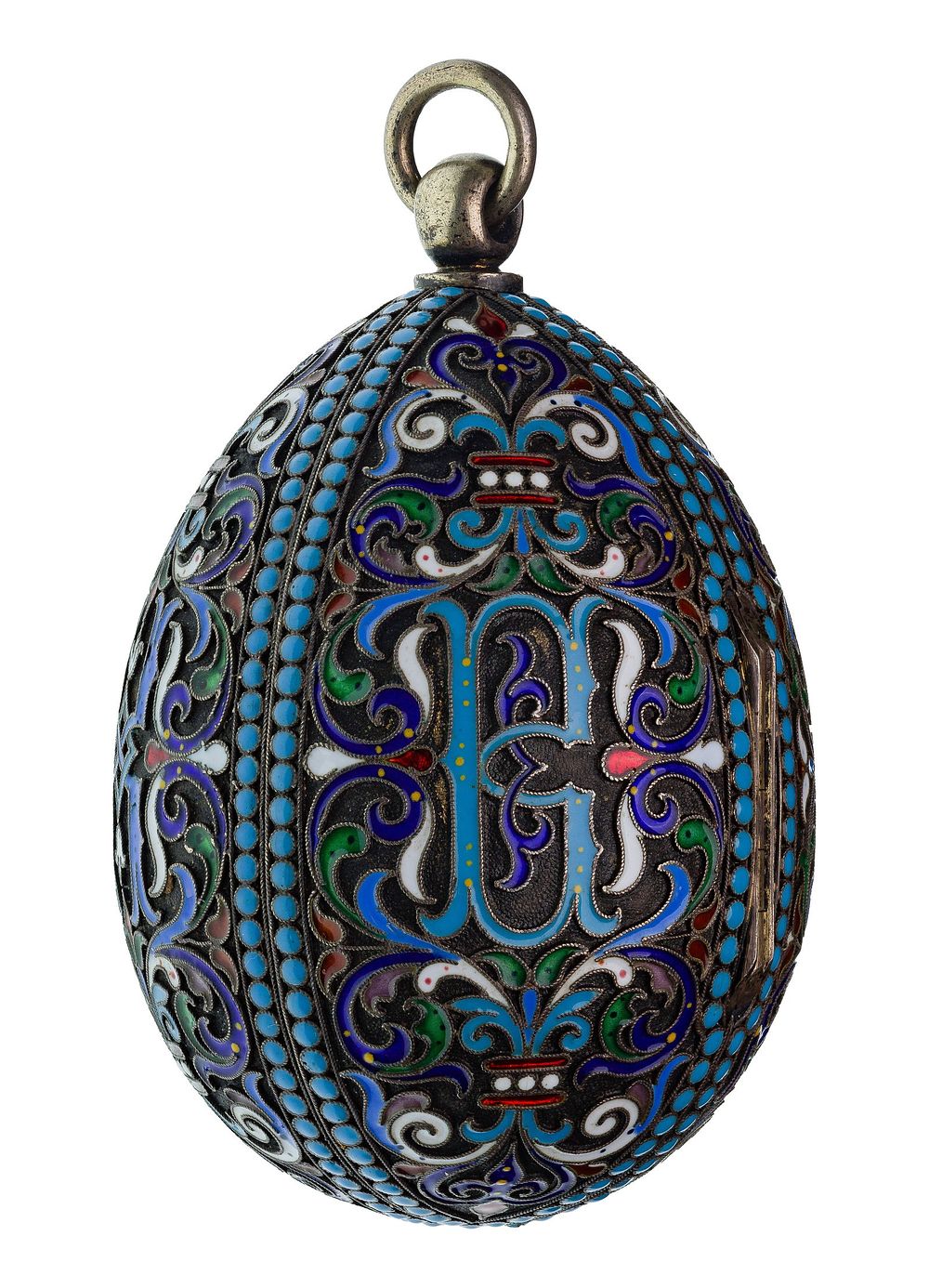 Lot 311: Mikhail Isakov (Russian, fl.1888-1899) Silver and Champleve Egg with Icon