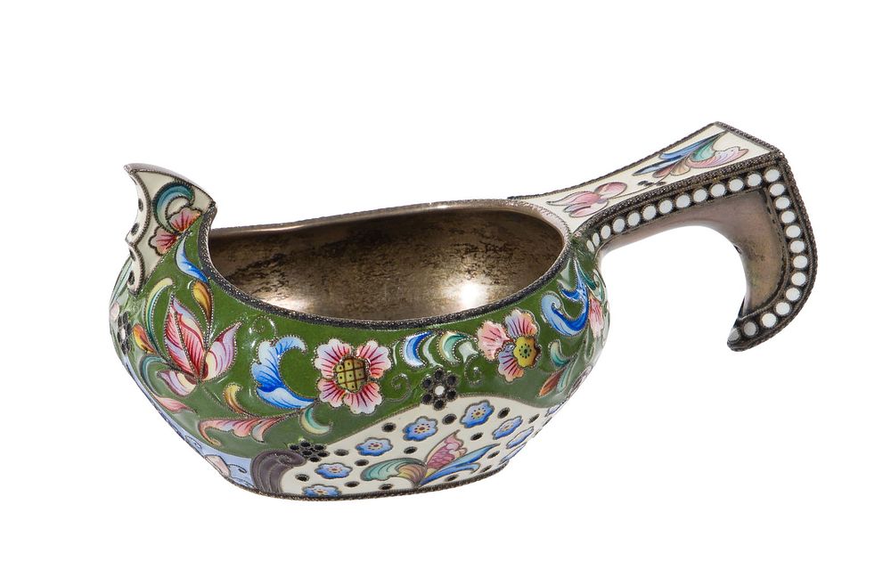 Lot 312: Mikhail Fyodorovich Sokolov (Russian, 19th Century) Silver and Enamel Kovsh