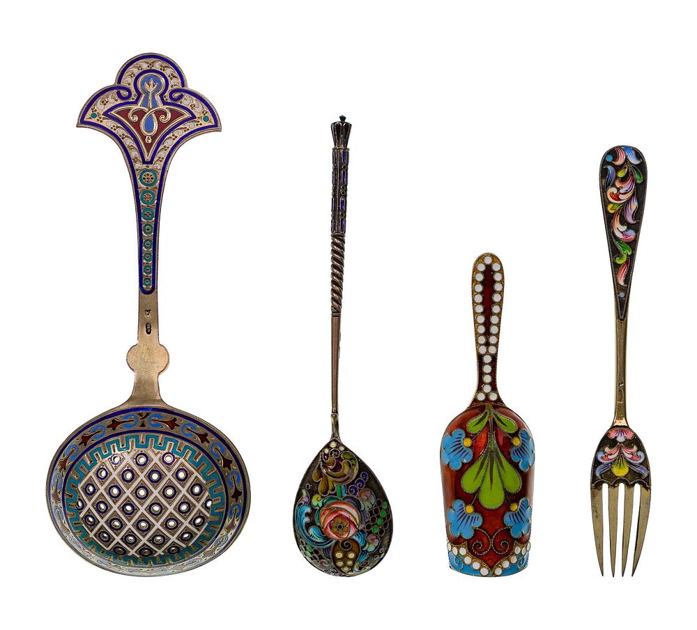 Lot 316: Russian Silver and Champleve Enamel Utensil Assortment