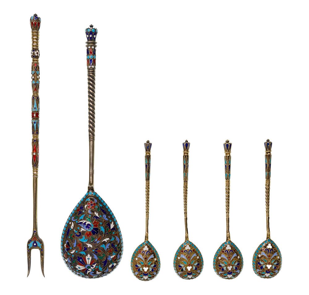 Lot 317: Russian Silver and Champleve Enamel Utensil Assortment
