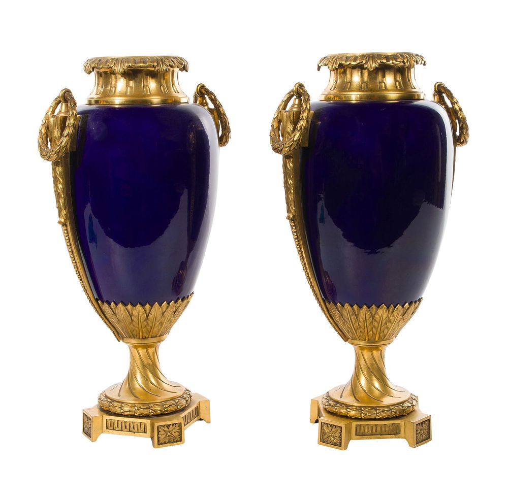 Lot 392: French Ormolu Mounted Cobalt Porcelain Urns