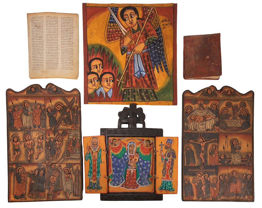 Lot 515: Ethiopian Coptic Religious Icon and Illuminated Bible Assortment