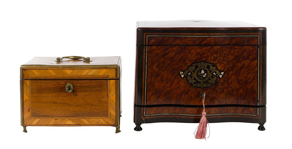 Lot 186: B. Guyot Wood Tantalus and English Tea Caddy