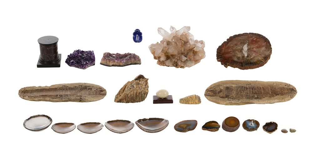 Lot 197: Egyptian Lapis Lazuli Scarab and Fossil, Geode and Crystal Assortment