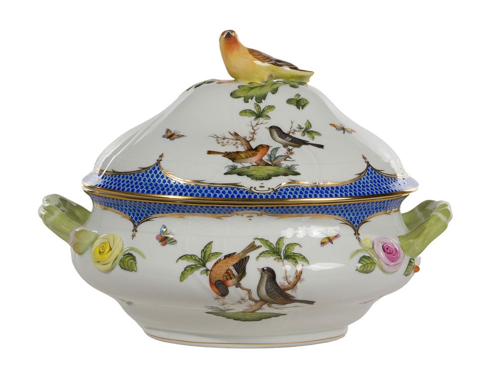 Lot 203: Herend Rothschild Bird Blue Lidded Tureen