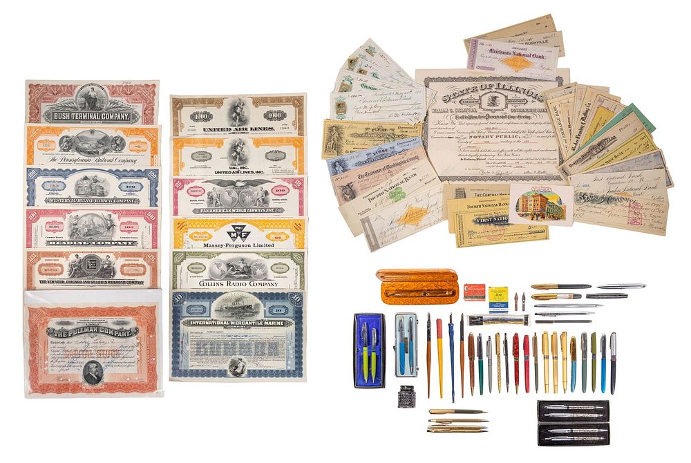 Lot 244: Pen, Bank Check and Stock Certificate Assortment