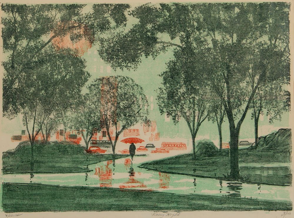 Lot 162: M. Elich (American, 20th Century) 'Rainy Night' Lithograph