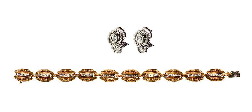Lot 206: Judith Ripka 18k Gold and Diamond Bracelet and Pierced Earrings