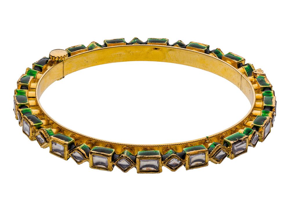 Lot 162: 18k Yellow Gold, Green Enamel and White Sapphire Hinged Bangle Bracelet