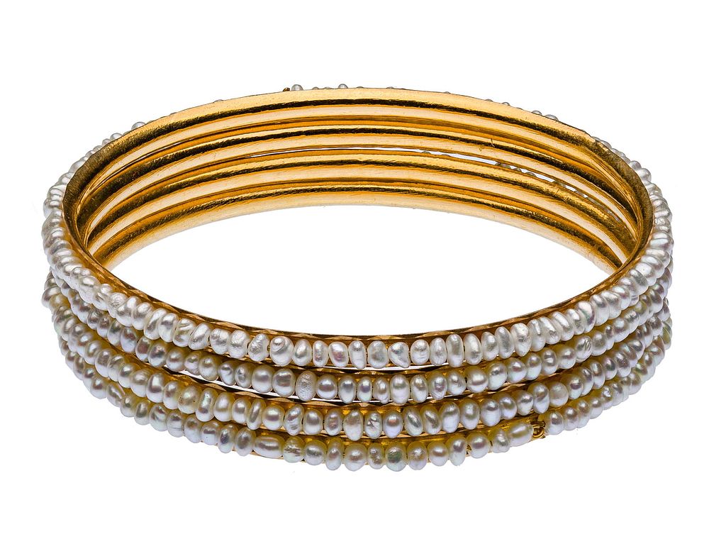 Lot 172: 20k Yellow Gold and Pearl Bangle Bracelet Set