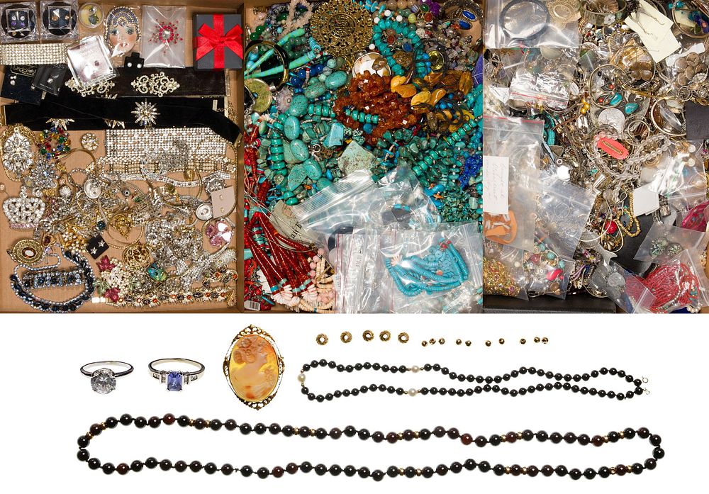 Lot 186: Gold, Rhinestone, Stone and Costume Jewelry Assortment