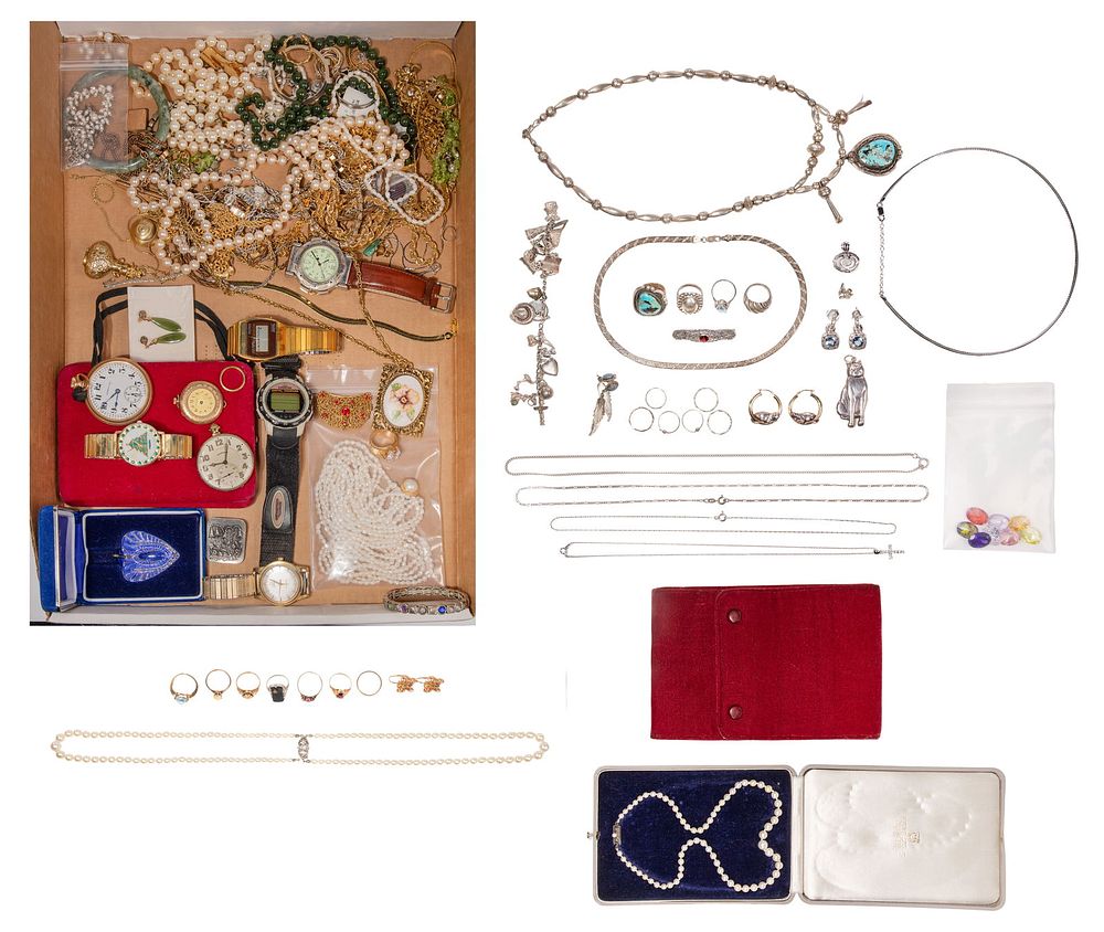 Lot 191: 14k and 10k Gold, Sterling Silver, Mikimoto Pearl and Costume Jewelry Assortment