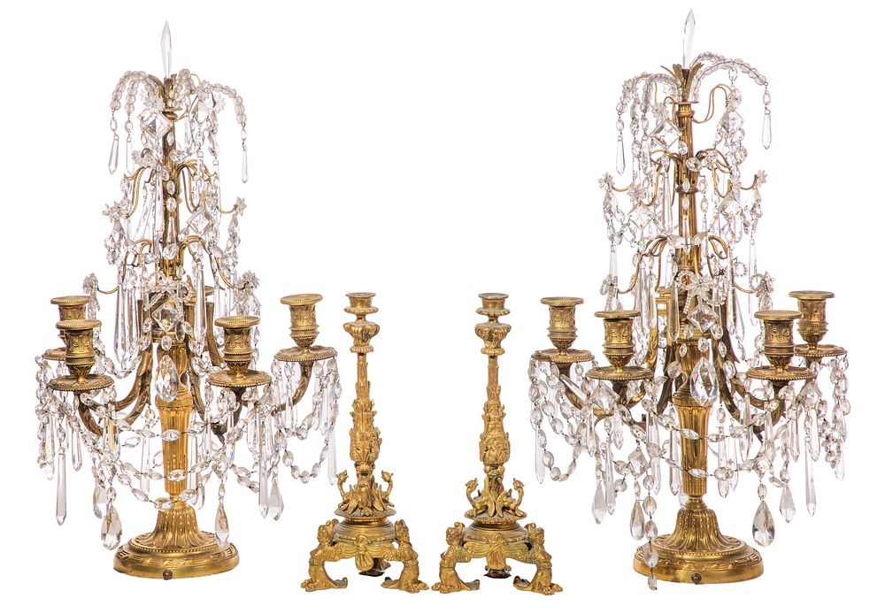Lot 277: Louis XVI Style Ormolu Five-Light Candelabra and Candlesticks