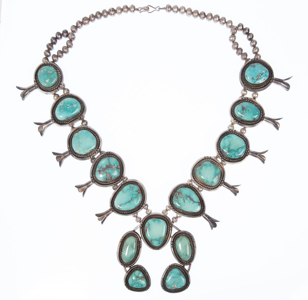 Lot 209: Native American Sterling Silver and Turquoise Squash Blossom Necklace