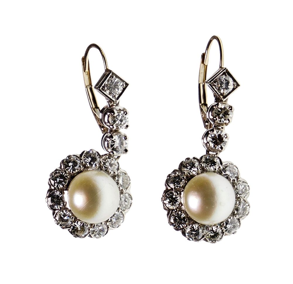 Lot 217: 14k White Gold, Pearl and Diamond Pierced Earrings