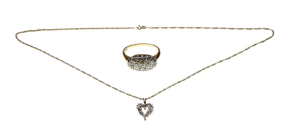 Lot 225: 14k Yellow Gold and Diamond Ring and Pendant on Necklace