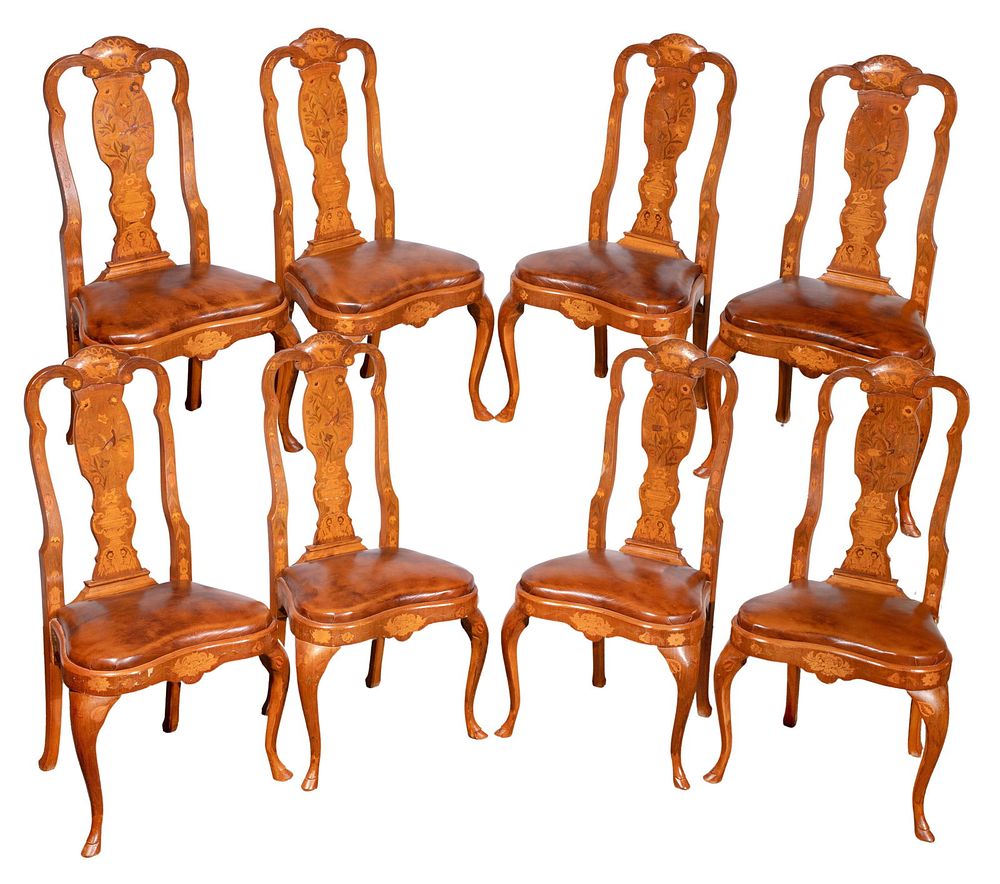 Lot 319: Dutch Marquetry Fruitwood Dining Chair Collection