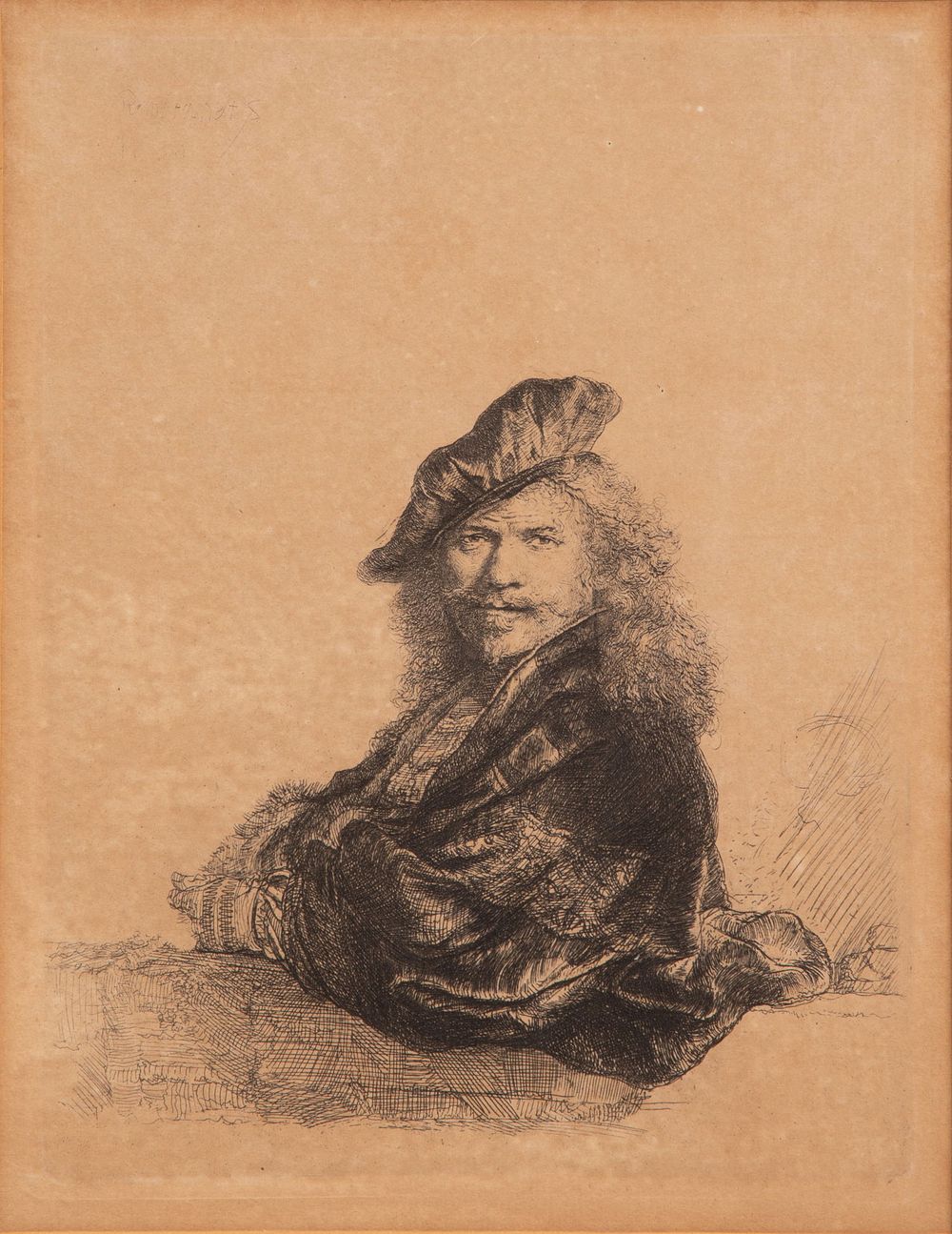 Lot 202: After Rembrandt van Rijn (Dutch, 1606-1669) 'Self-Portrait Leaning on a Stone Sill' Etching