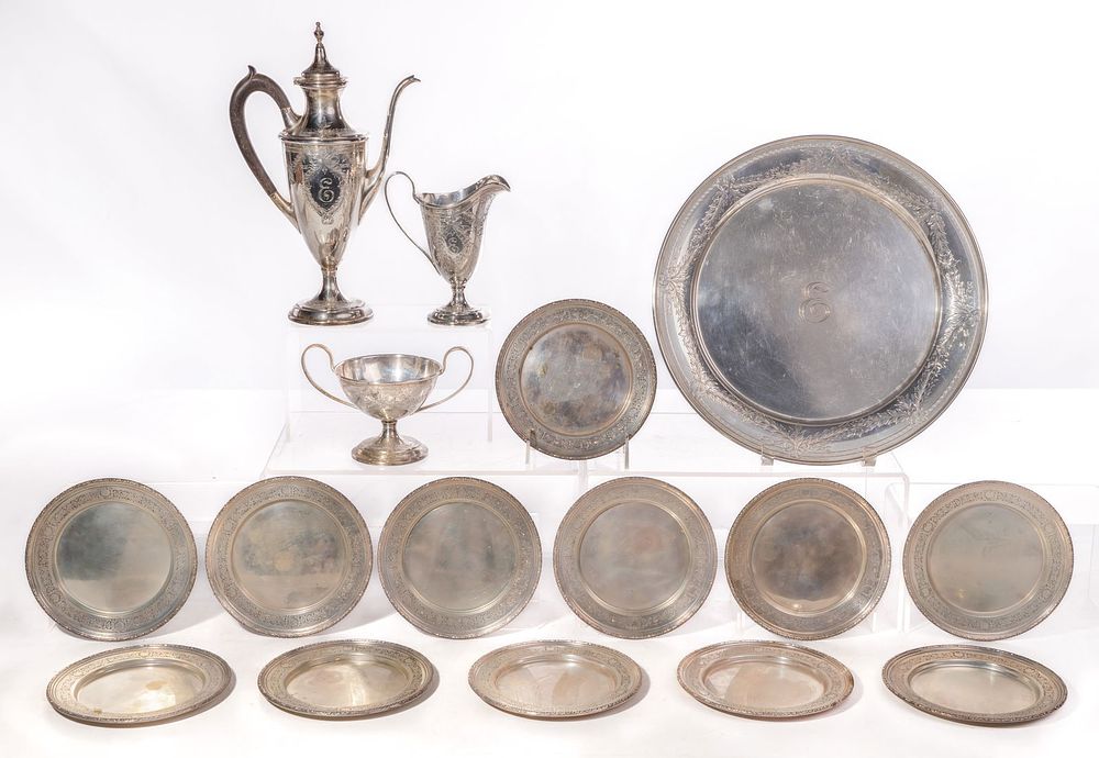 Lot 438: Sterling Silver Tea Service and Plates