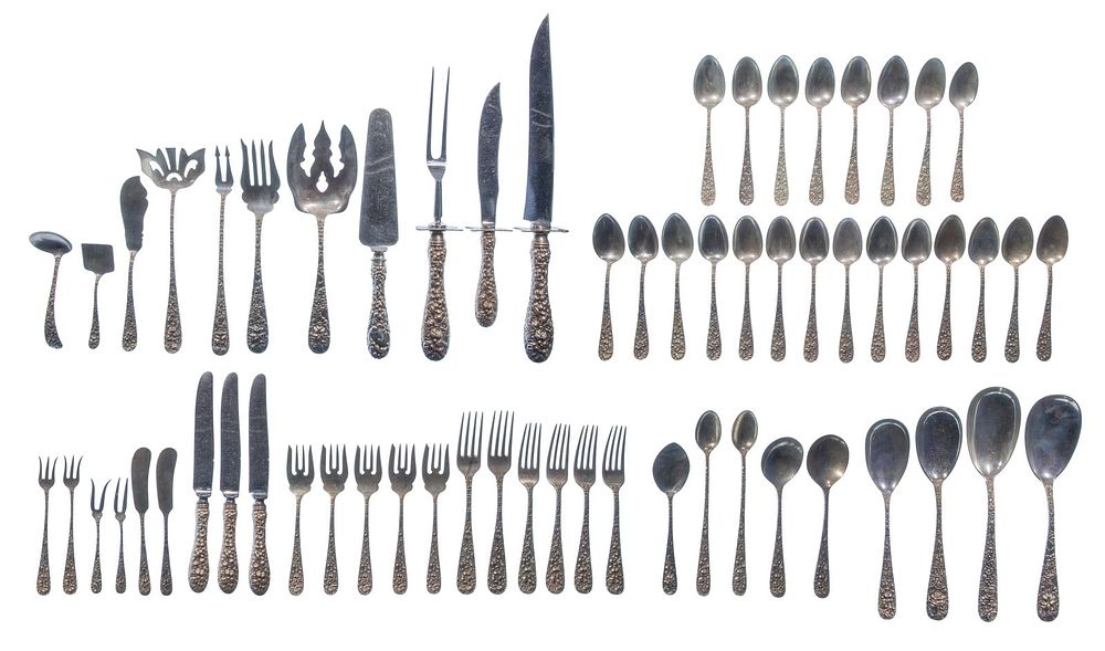 Lot 458: Stieff Repousse Sterling Silver Flatware Service