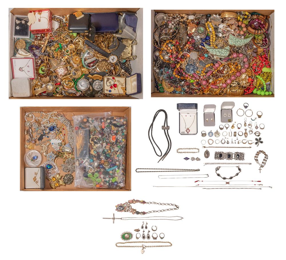 Lot 168: Sterling Silver, Rhinestone and Costume Jewelry and Part Assortment