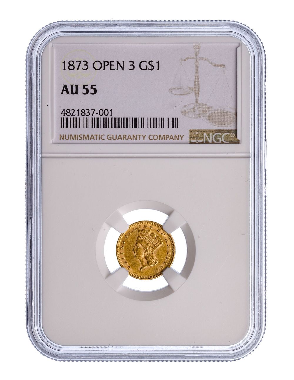 Lot 218: 1873 $1 Gold 'Open 3' AU-55 NGC