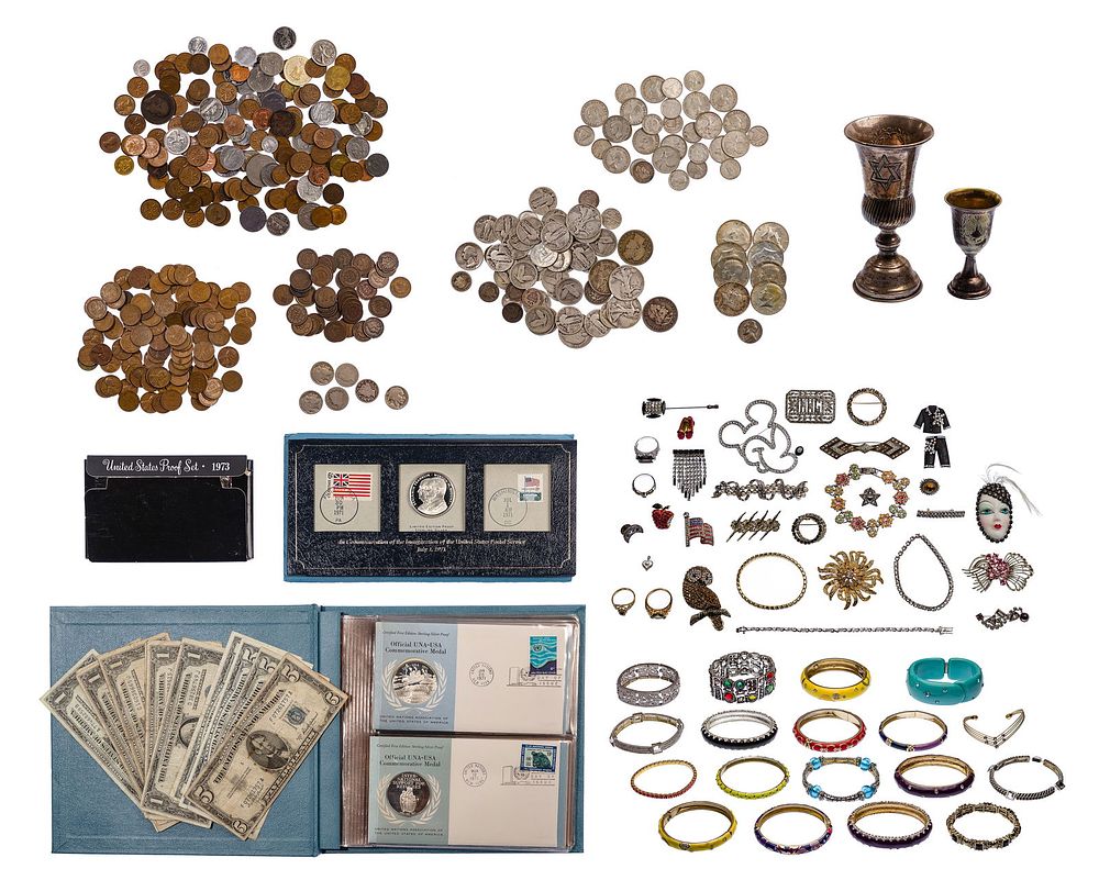 Lot 192: Costume Jewelry, Sterling Silver Hollowware and Coin Assortment