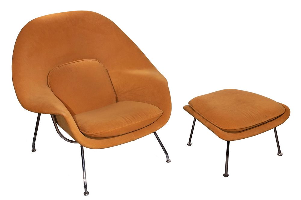 Eero Saarinen for Knoll Womb Chair and Ottoman 
Gold upholstered chair and ottoman having 