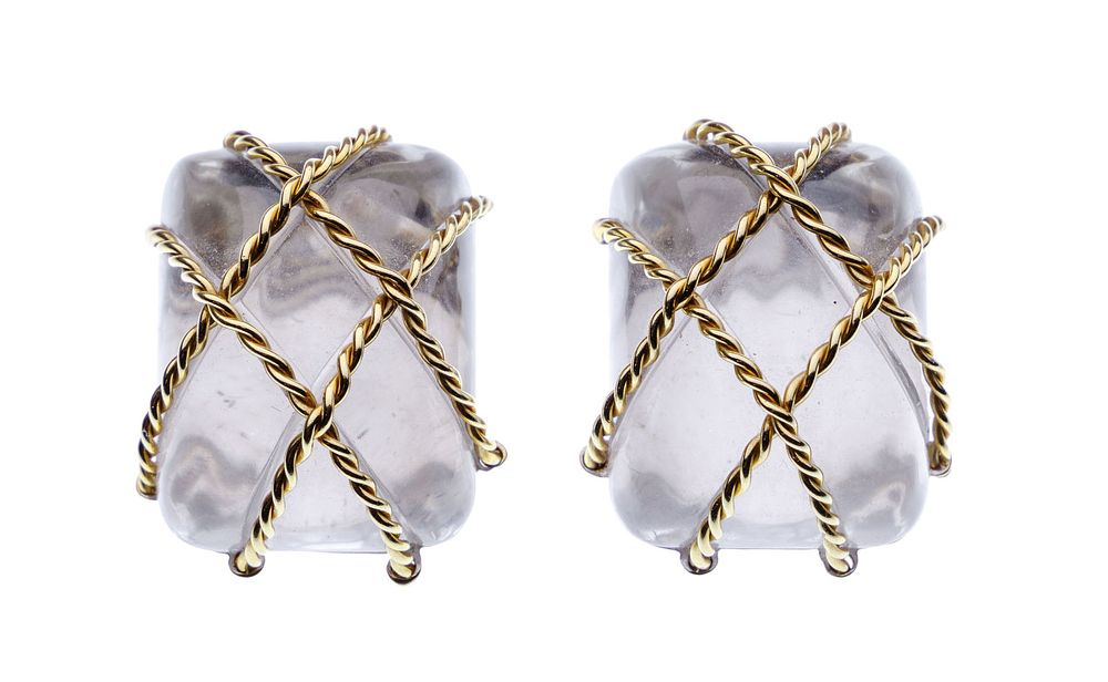 Lot 174: Seaman Schepps 18k Yellow Gold and Rock Crystal Clip-on Earrings
