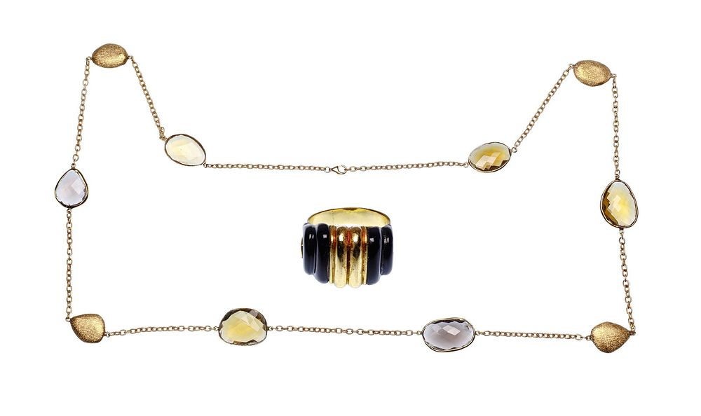 Lot 182: 18k Yellow Gold and Semi-Precious Necklace and Ring