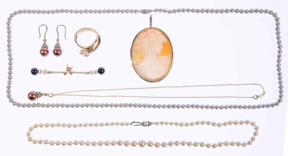 Lot 186: 14k Gold and Pearl / Shell Jewelry Assortment