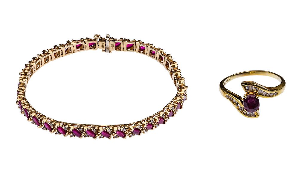 Lot 199: Gold, Ruby and Diamond Ring and Bracelet