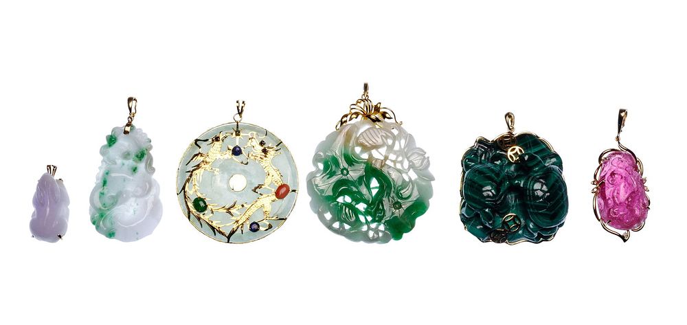 Lot 207: 14k Yellow Gold, Jade Jadeite and Semi-Precious Gemstone Pendant Assortment