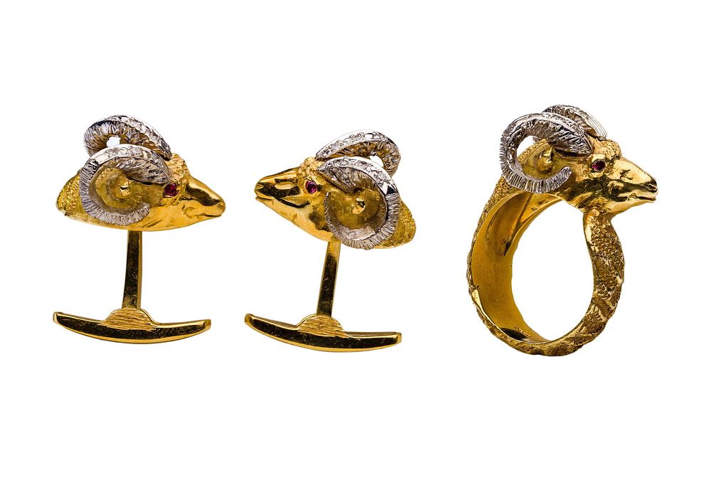 Lot 184: 18k Bi-Color Gold, Ruby and Diamond Ram Ring and Cufflink Set