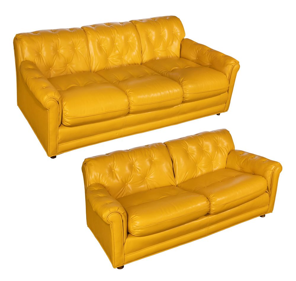 Lot 311: Yellow Leather Sofa and Loveseat