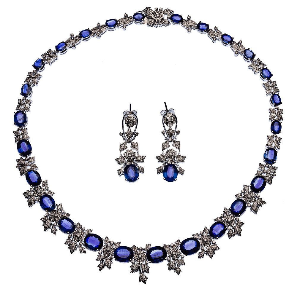 Lot 171: 18k White Gold, Sapphire and Diamond Necklace and Pierced Earrings