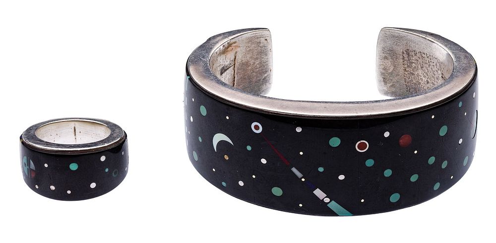 Lot 176: Jesse Monongya (Hopi-Dine, b.1952) Sterling Silver 'Review of the Universe' Cuff Bracelet and Ring
