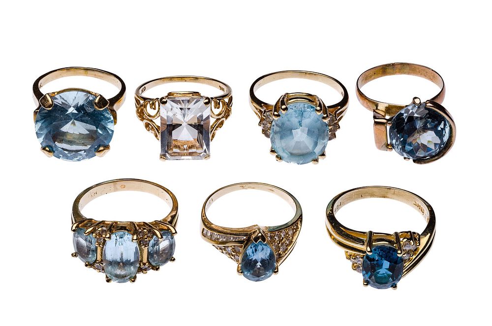 Lot 219: 14k Yellow Gold and Blue Gemstone Ring Assortment