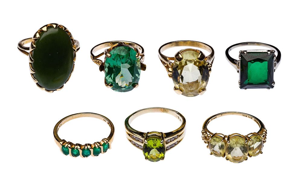 Lot 220: 14k Yellow Gold and Green Gemstone Ring Assortment