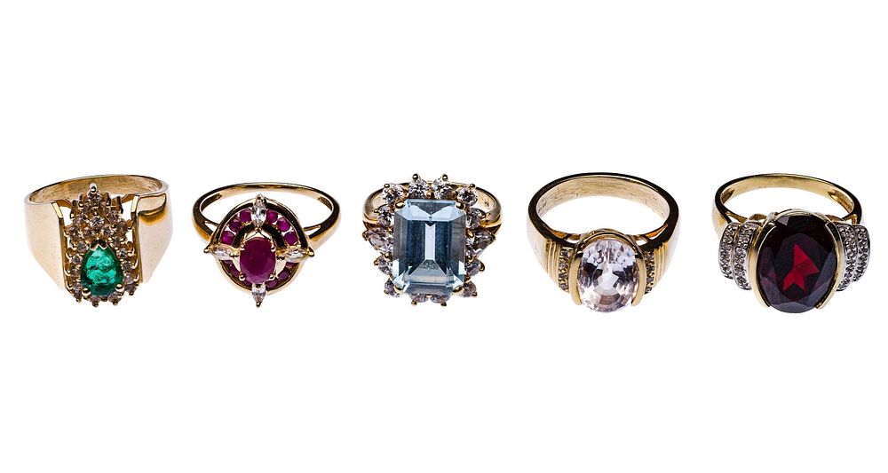 Lot 224: 14k Yellow Gold, Gemstone and Crystal Ring Assortment