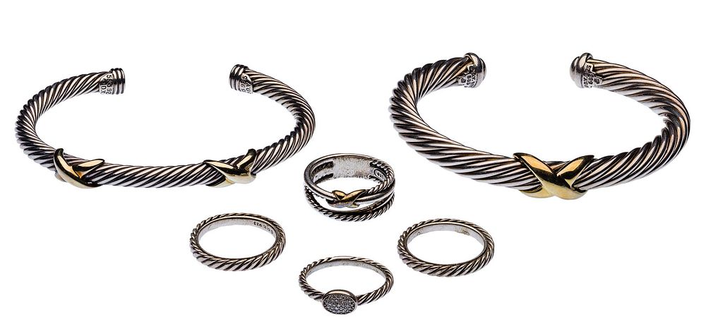 Lot 239: David Yurman Gold and Sterling Silver Bracelet and Ring Assortment