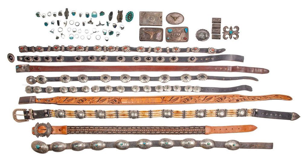 Lot 303: Native American Silver Belt and Belt Buckle Assortment