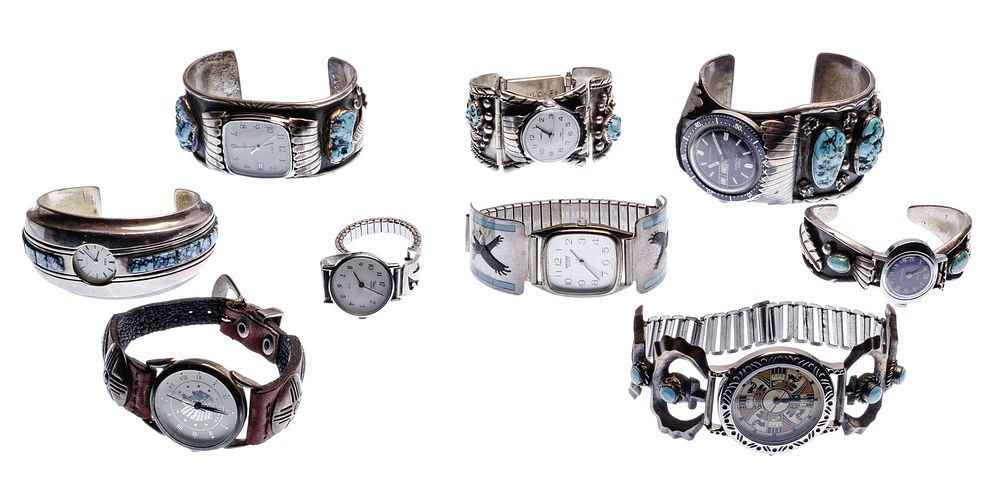 Lot 313: Native American Sterling Silver and European Silver Wristwatch Assortment