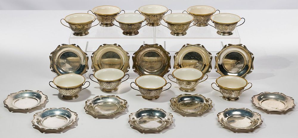 Lot 187: Woodside Sterling Silver Bouillon Cup Holder and Saucer Collection