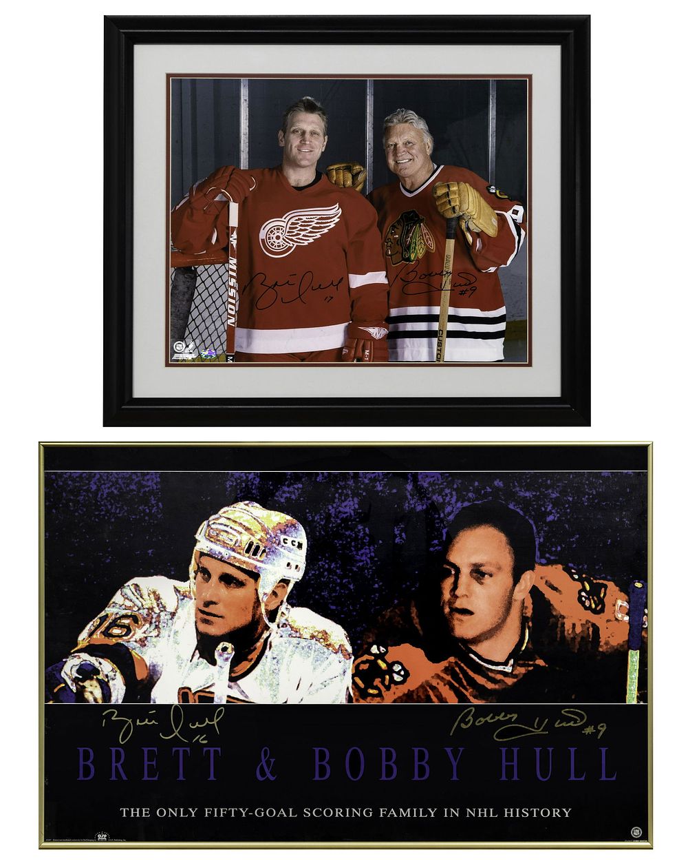 Lot 283: Chicago Blackhawks Brett and Bobby Hull Signed Poster and Photograph